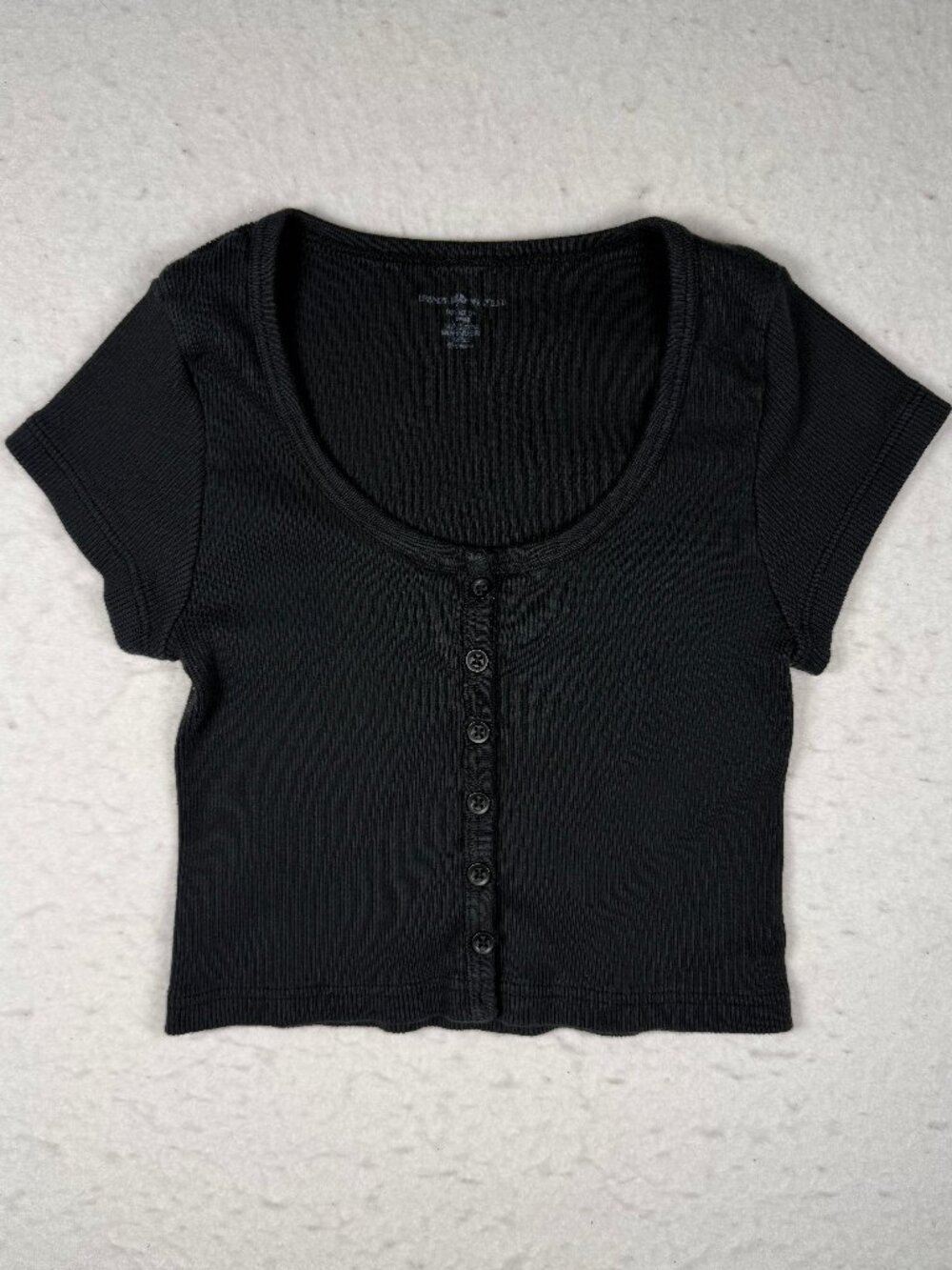 Brandy Melville Black Ribbed Short Sleeve Crop Top V Neck Baby Tee Button up